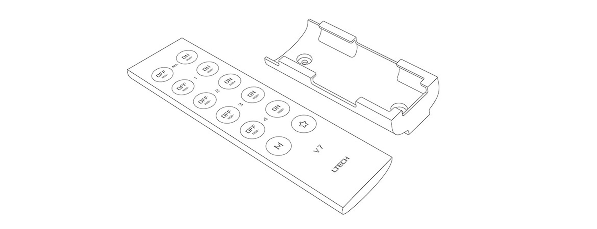 2.4GHz RF RGB Remote Control, CR2032 battery, 30m Range, 4 Zone Control, 3Vdc supply voltage . V7  LTECH Remote Control